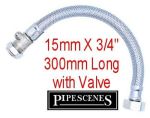 15mm x 3/4" Bath Flexible Tap Tail Connector 300mm Long 30cm with Built In Valve - Image 3