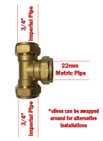 Metric to Imperial 3/4" x 3/4" x 22mm Tee - Compression Tee Adaptor Inch to MM - Image 2