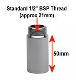 Bib Tap Extensions Pair of Chrome Fixed Length 1/2" x 50mm Male to Female Joiner - Image 2